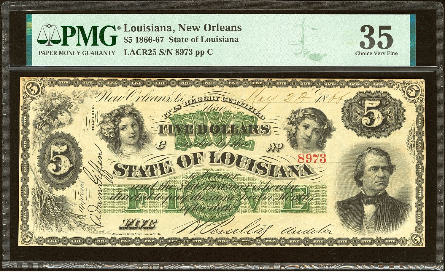 $20 1866 State of Louisiana, New Orleans Ornate Green Obsolete PMG 35 VF
