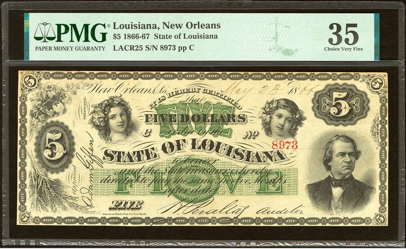 $20 1866 State of Louisiana, New Orleans Ornate Green Obsolete PMG 35 VF