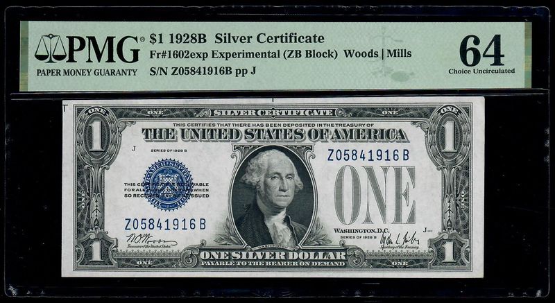 1928B $1 One Dollar Silver Certificate Note Fr#1602exp Experimental PMG 64 UNC