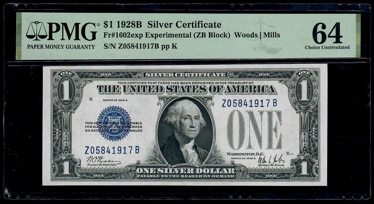 1928B $1 One Dollar Silver Certificate Note Fr#1602exp Experimental PMG 64 UNC