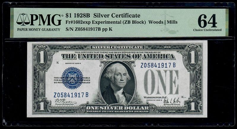 1928B $1 One Dollar Silver Certificate Note Fr#1602exp Experimental PMG 64 UNC