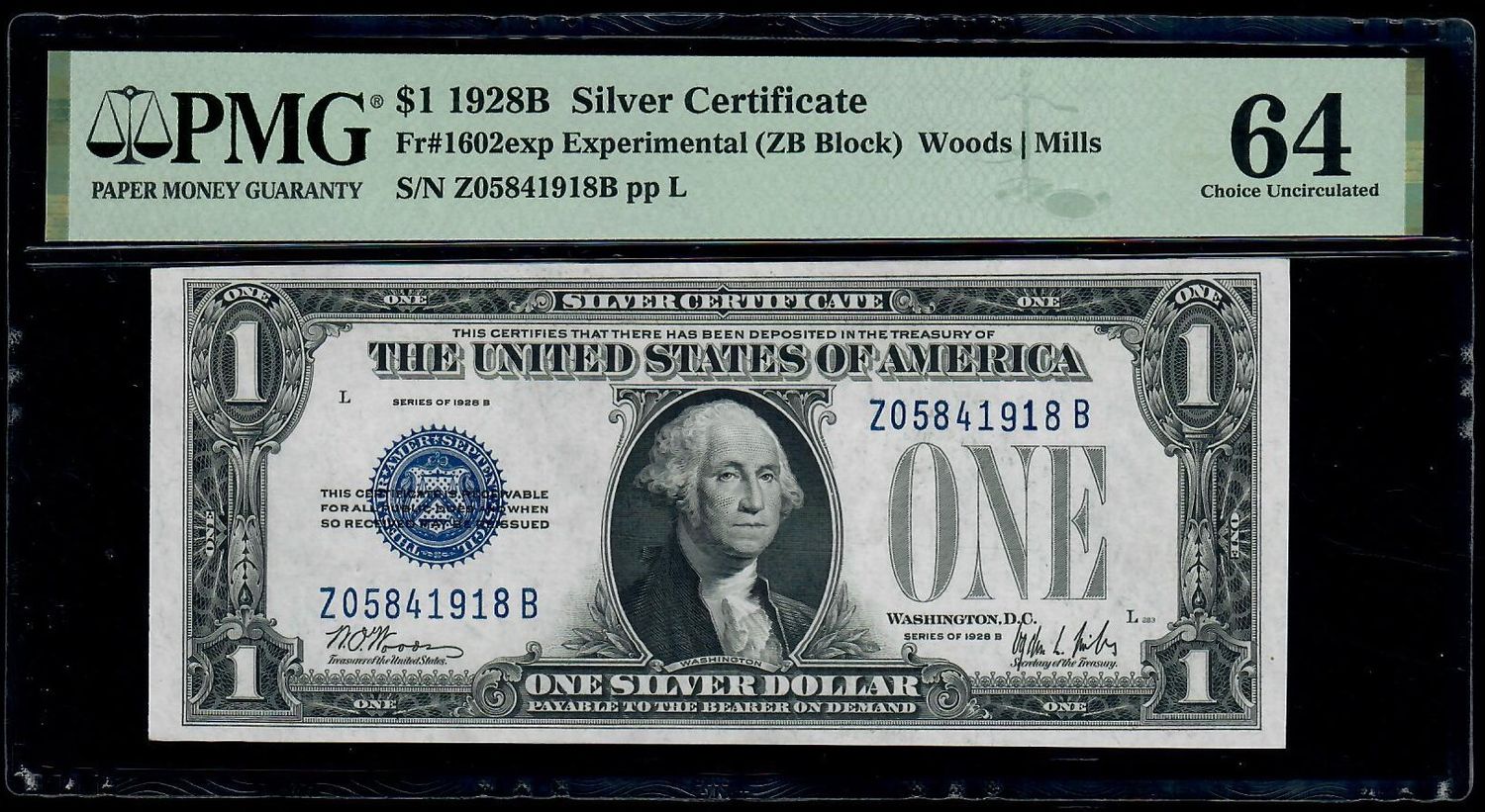 1928B $1 One Dollar Silver Certificate Note Fr#1602exp Experimental PMG 64 UNC