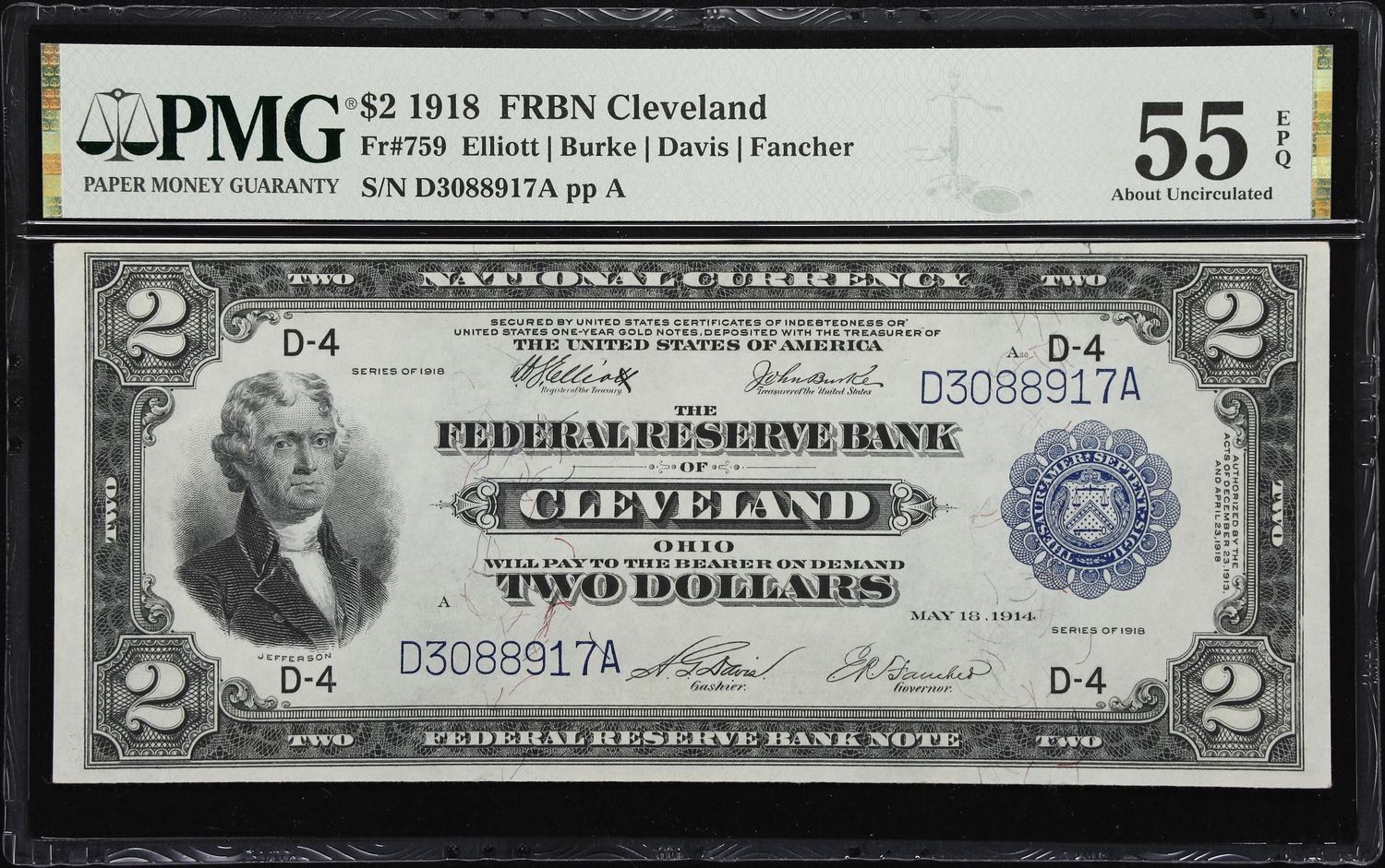 1918 $2 Federal Reserve Bank Cleveland , Battleship Fr. 759, PMG 55 EPQ 1918 $2 Federal Reserve Bank Cleveland , Battleship Fr. 759, PMG 55 EPQ