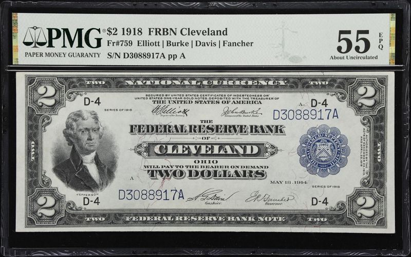 1918 $2 Federal Reserve Bank Cleveland , Battleship Fr. 759, PMG 55 EPQ 1918 $2 Federal Reserve Bank Cleveland , Battleship Fr. 759, PMG 55 EPQ