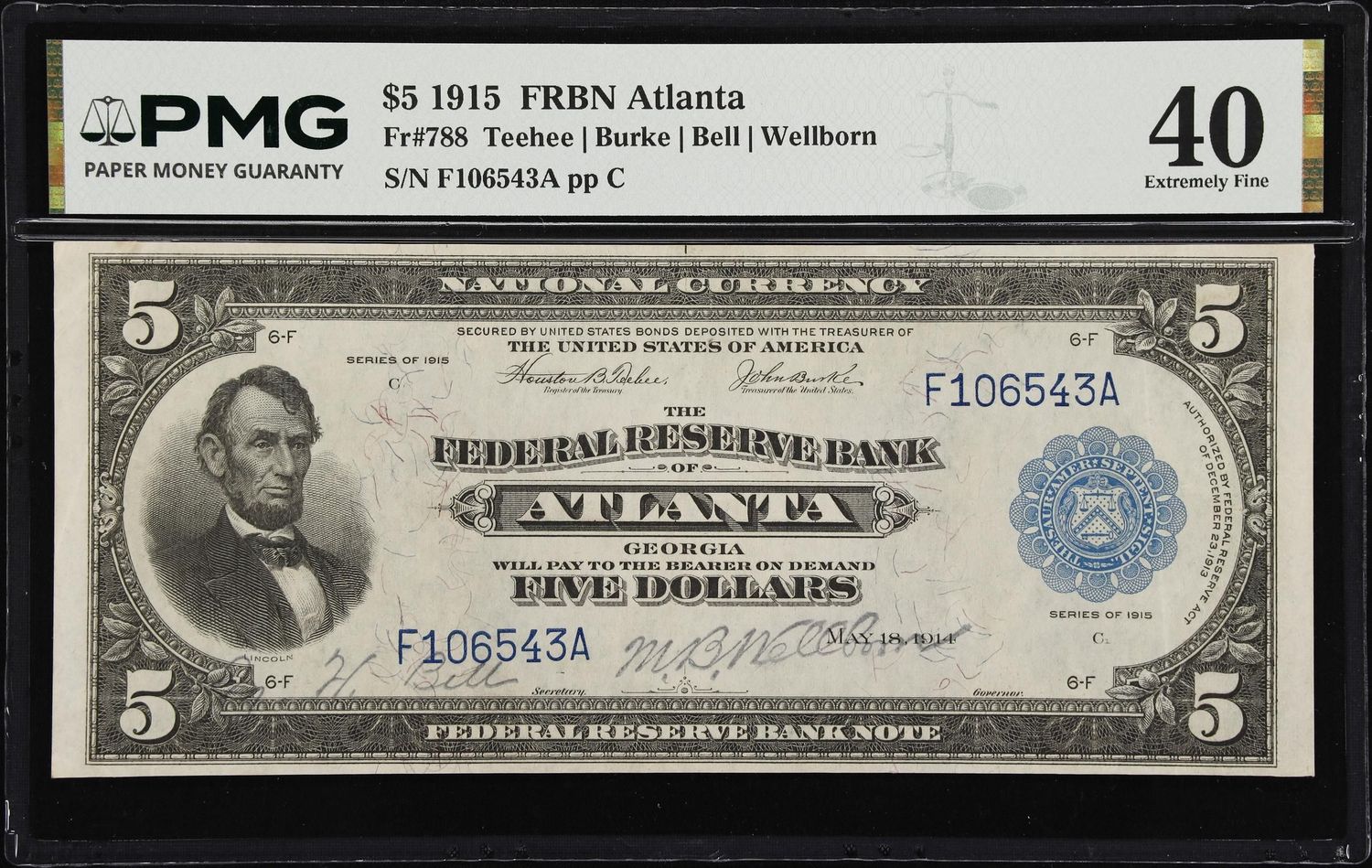 1915 $5 Federal Reserve Bank Atlanta , Fr. 788, PMG 40 XF 1915 $5 Federal Reserve Bank Atlanta , Fr. 788, PMG 40 XF