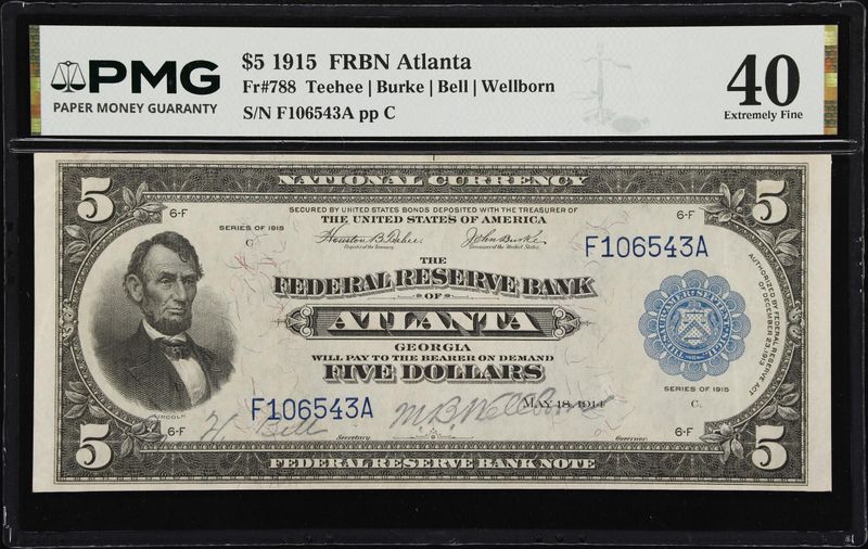 1915 $5 Federal Reserve Bank Atlanta , Fr. 788, PMG 40 XF 1915 $5 Federal Reserve Bank Atlanta , Fr. 788, PMG 40 XF