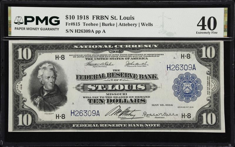 1918 $20 Federal Reserve Bank St. Louis , Fr. 815, PMG 40 Extremely Fine 1918 $20 Federal Reserve Bank St. Louis , Fr. 815, PMG 40 Extremely Fine