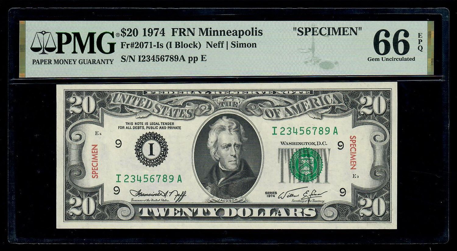$20 1974 Federal Reserve Minneapolis Fr.2071-Is  **SPECIMEN** PMG 66 EPQ