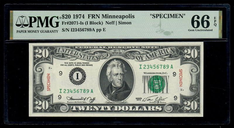 $20 1974 Federal Reserve Minneapolis Fr.2071-Is **SPECIMEN** PMG 66 EPQ $20 1974 Federal Reserve Minneapolis Fr.2071-Is **SPECIMEN** PMG 66 EPQ
