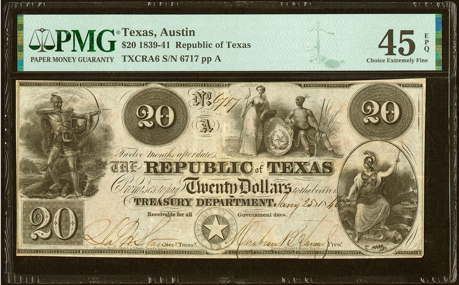 1839-41 $20 Republic of Texas, Austin TXCRA6 S/N 6717 PMG 45 EPQ