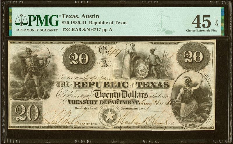 1839-41 $20 Republic of Texas, Austin TXCRA6 S/N 6717 PMG 45 EPQ
