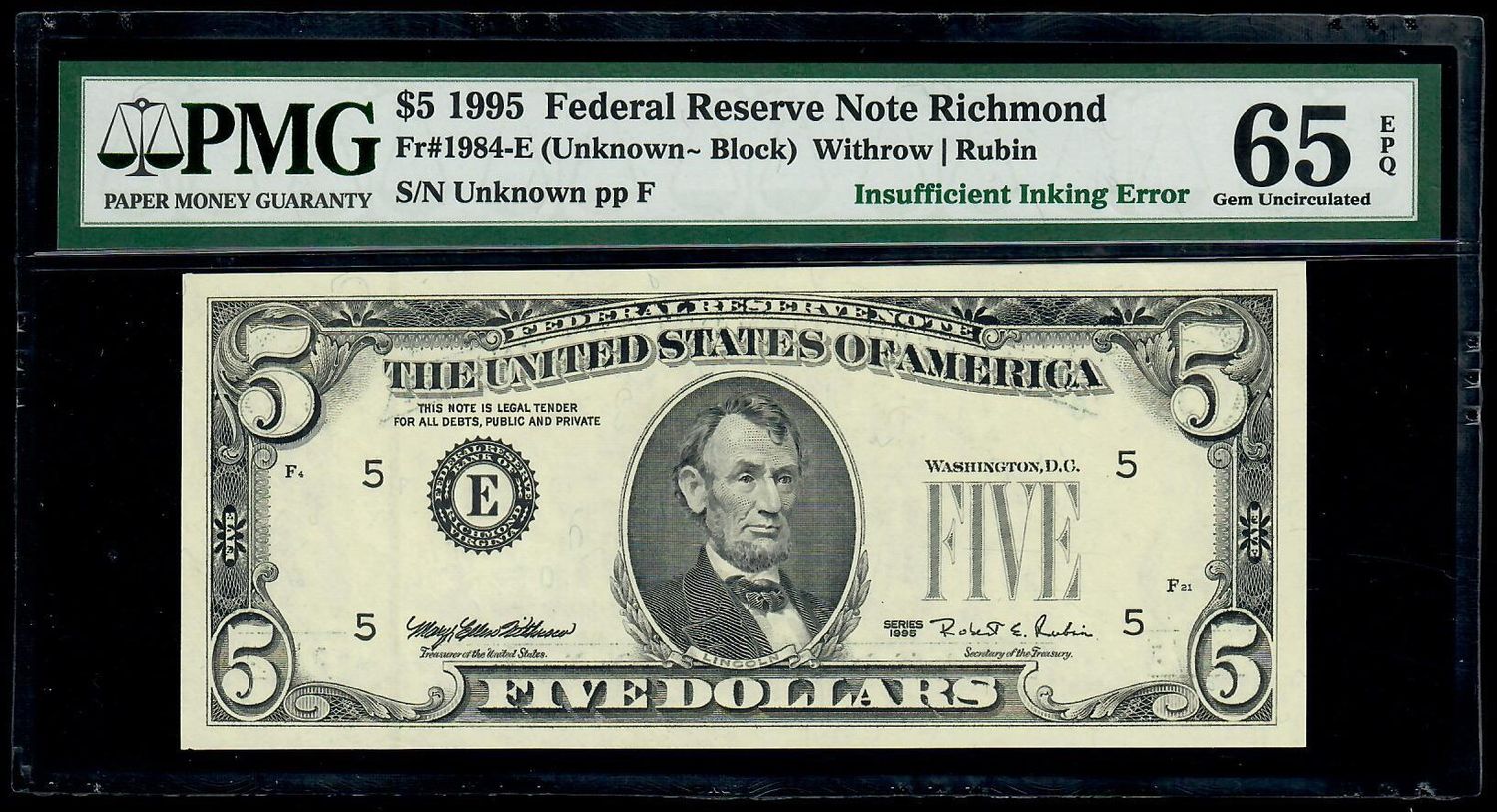 1995 $5 Federal Reserve Richmond Insufficient Error note * Fr.1984-E *PMG65 EPQ