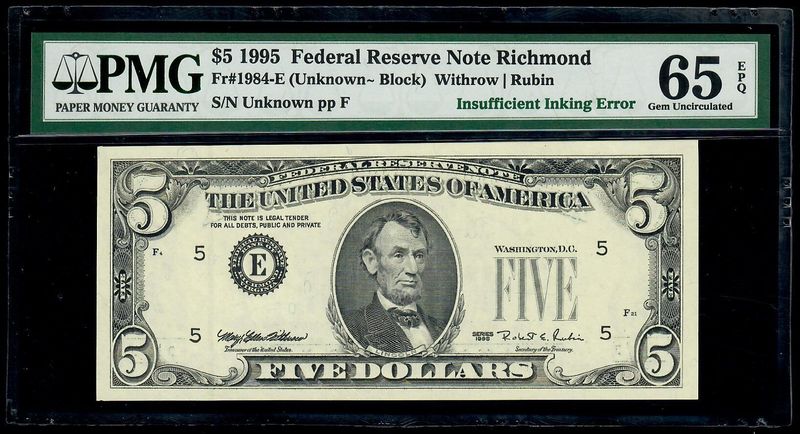 1995 $5 Federal Reserve Richmond Insufficient Error note * Fr.1984-E *PMG65 EPQ 1995 $5 Federal Reserve Richmond Insufficient Error note * Fr.1984-E *PMG65 EPQ