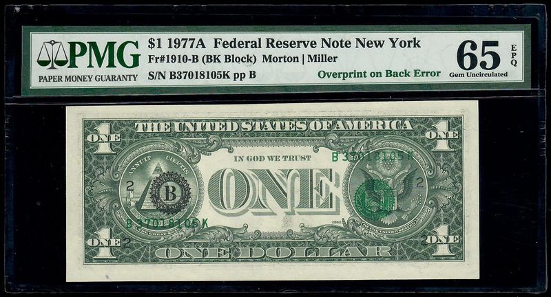 1977A $1 Federal Reserve New York Overprint on Back Error PMG 65 EPQ 1977A $1 Federal Reserve New York Overprint on Back Error PMG 65 EPQ