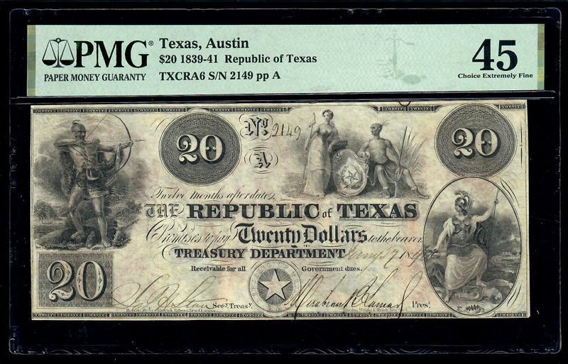 1839-41 $20 Republic of Texas, Austin TXCRA6 S/N 2149 PMG 45,