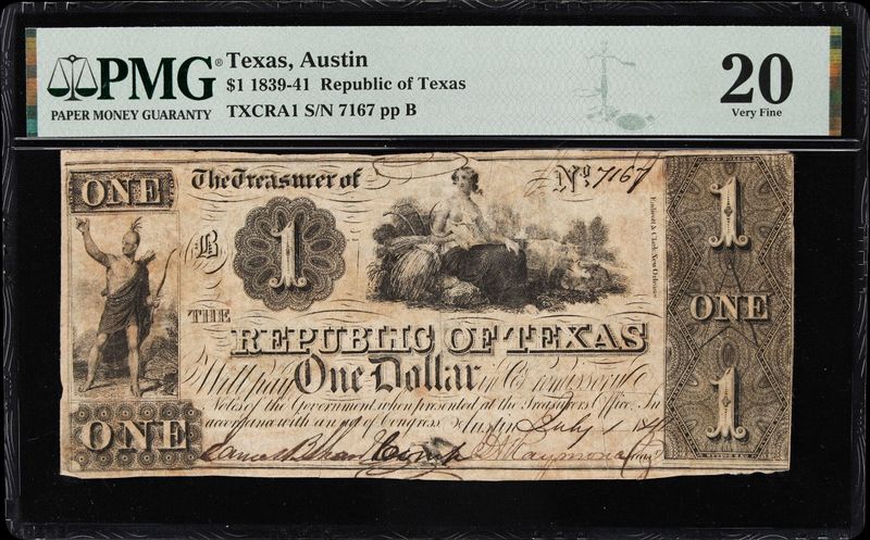1839-41 $1 Republic of Texas, Austin Obsolete Note -PMG 20 Very Fine 1839-41 $1 Republic of Texas, Austin Obsolete Note -PMG 20 Very Fine