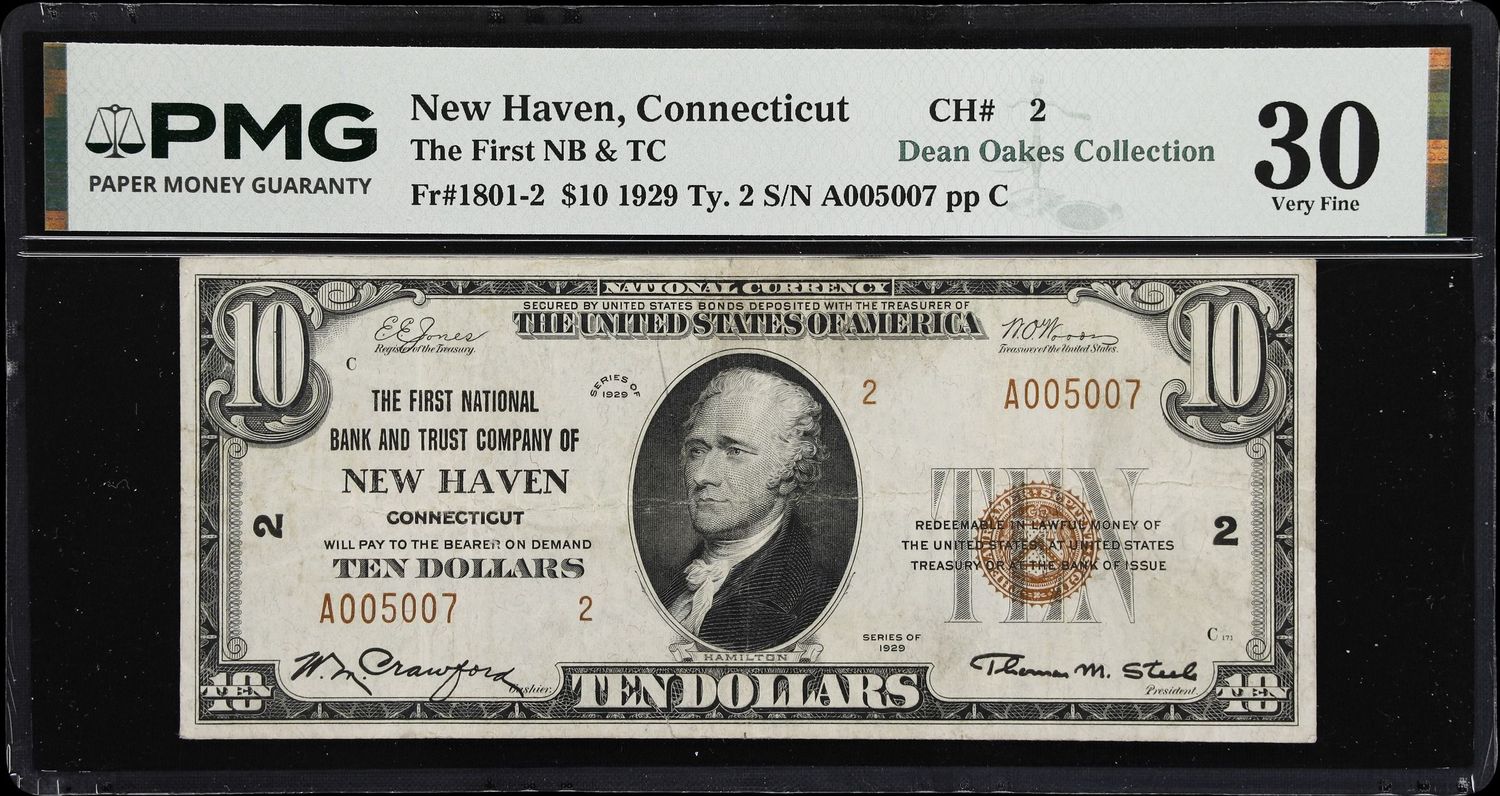$10 1929 The First National Bank & Trust New Haven, CT -Type 2   PMG 30