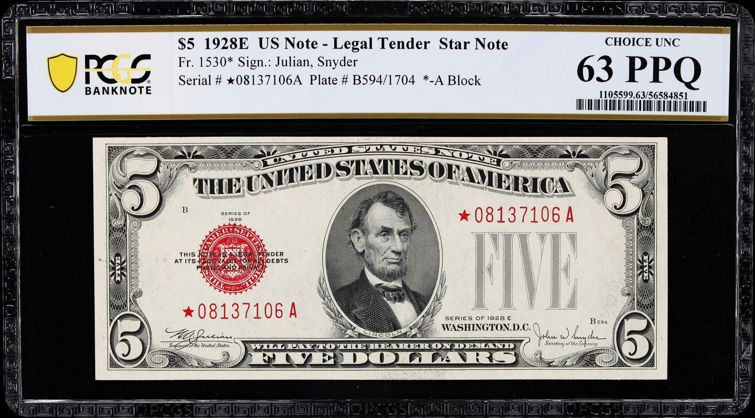 1928E $5 Legal Tender Star Note. PCGS Uncirculated 63 PPQ