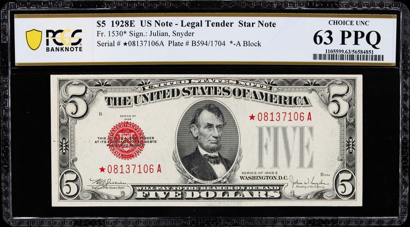 1928E $5 Legal Tender Star Note. PCGS Uncirculated 63 PPQ