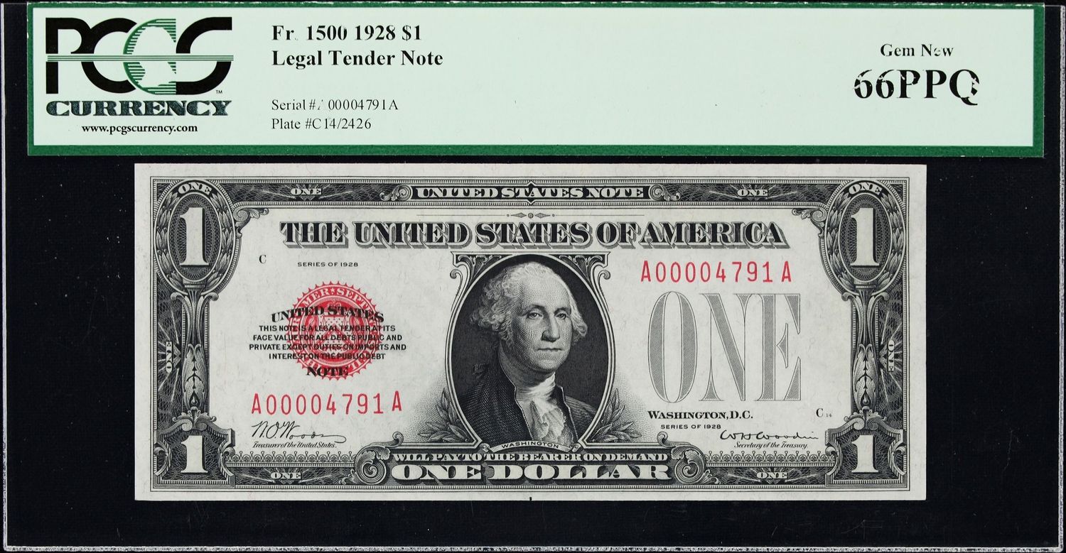 1928 $1 Legal Tender Low serial Number Fr. 1500 Puerto Rico PCGS 66 PPQ