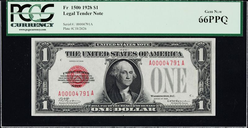 1928 $1 Legal Tender Low serial Number Fr. 1500 Puerto Rico PCGS 66 PPQ