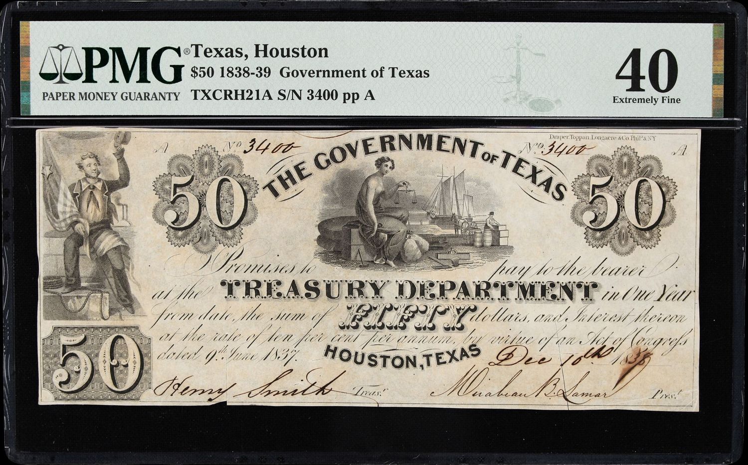 1838 $50 Government of Texas Houston, Texas * PMG 40 XF