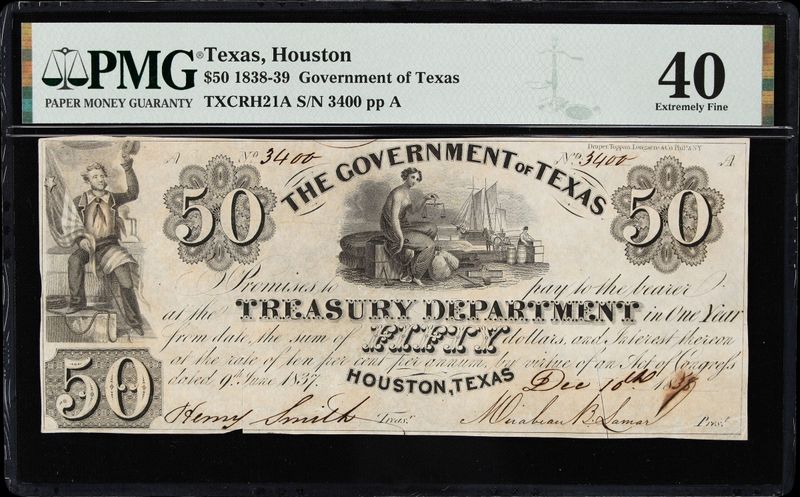 1838 $50 Government of Texas Houston, Texas * PMG 40 XF 1838 $50 Government of Texas Houston, Texas * PMG 40 XF