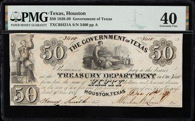1838 $50 Government of Texas Houston, Texas * PMG 40 XF