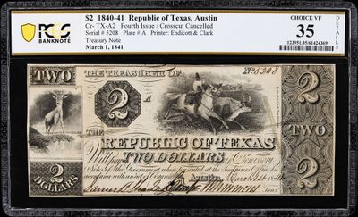 1841 $2 Austin, Texas. Republic of Texas. PCGS Banknote Choice Very Fine 35 1841 $2 Austin, Texas. Republic of Texas. PCGS Banknote Choice Very Fine 35
