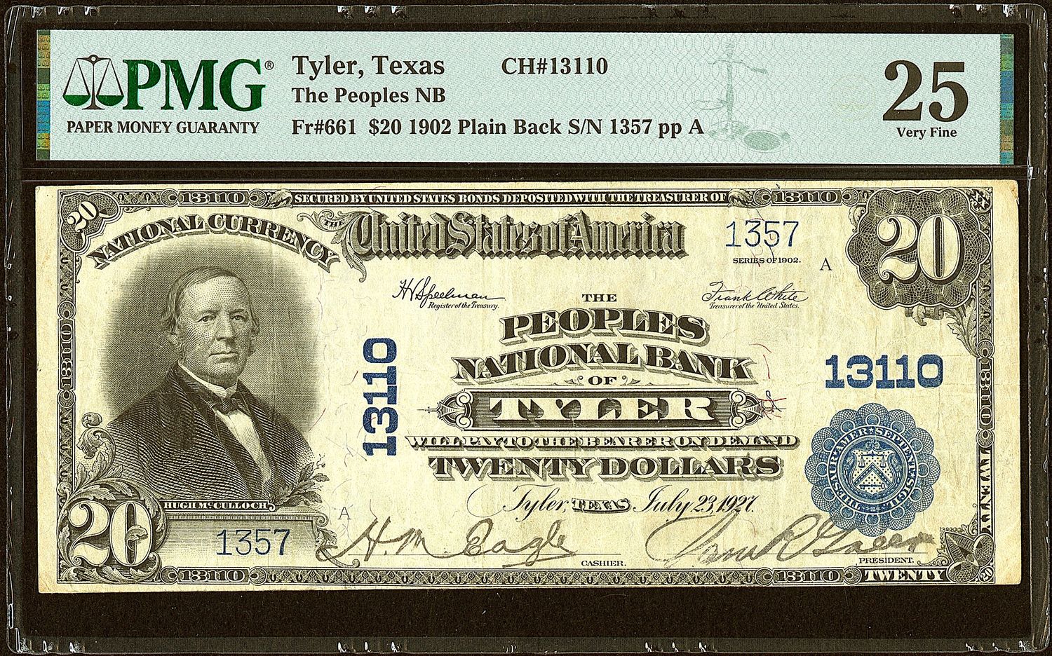 $20 1902 Plain Back the Peoples National Bank Tyler , TX CH# 13110 PMG 25 $20 1902 Plain Back the Peoples National Bank Tyler , TX CH# 13110 PMG 25