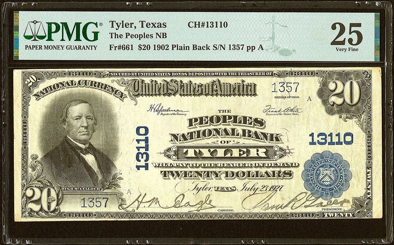 $20 1902 Plain Back the Peoples National Bank Tyler , TX CH# 13110 PMG 25