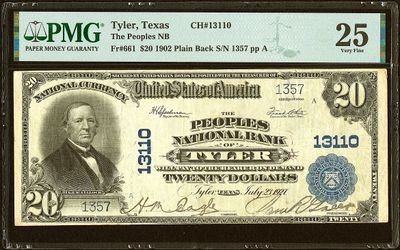 $20 1902 Plain Back the Peoples National Bank Tyler , TX CH# 13110 PMG 25 $20 1902 Plain Back the Peoples National Bank Tyler , TX CH# 13110 PMG 25