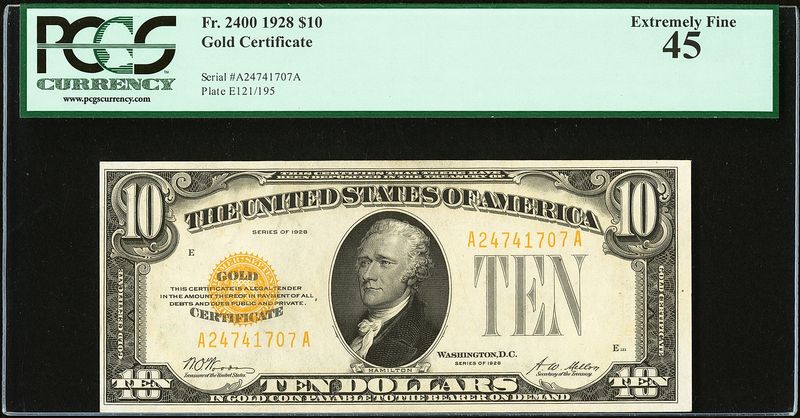 $10 1928 Gold Certificate Fr. 2400 AA Block PCGS 45 Extremely Fine