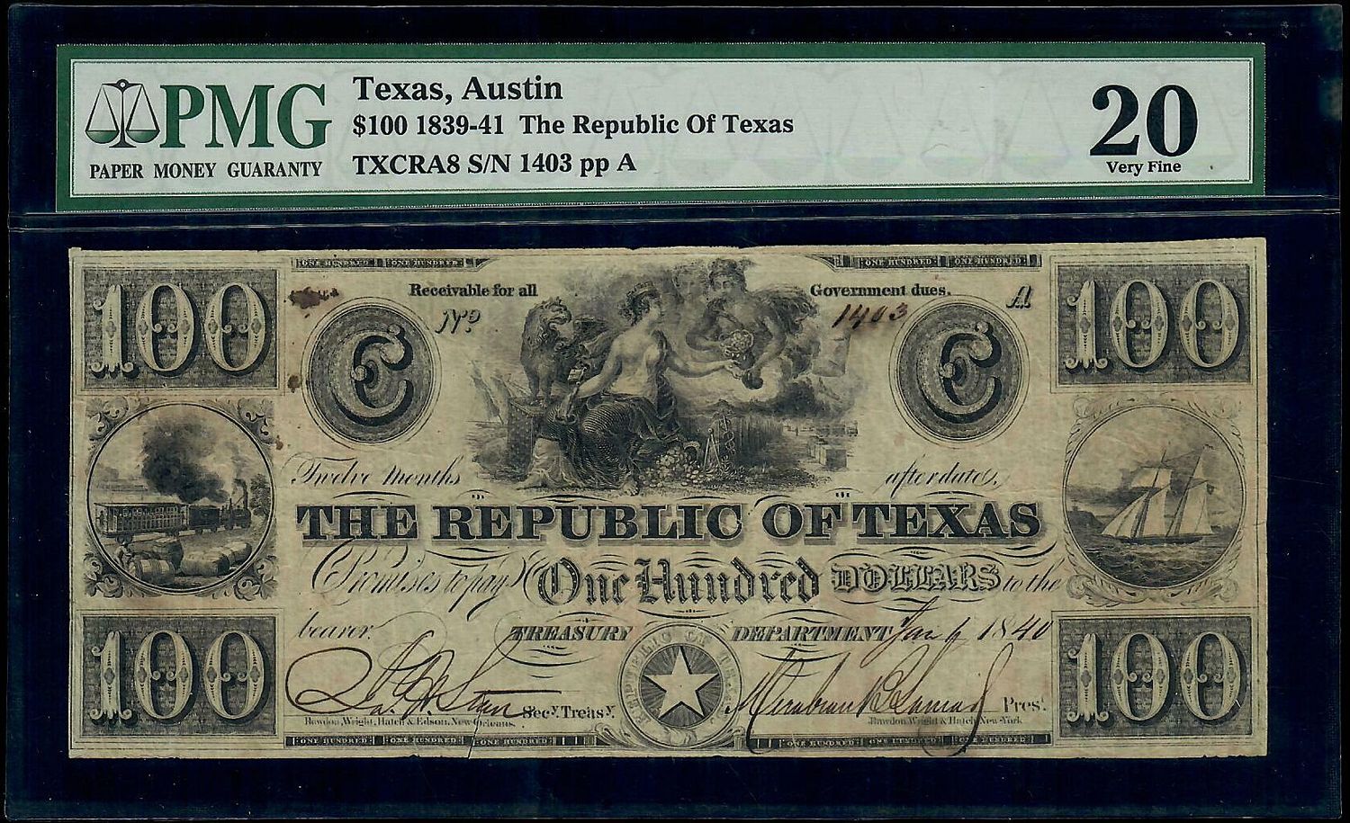 1839-41 $100 Republic of Texas, Austin PMG 25 Very Fine 1839-41 $100 Republic of Texas, Austin PMG 25 Very Fine