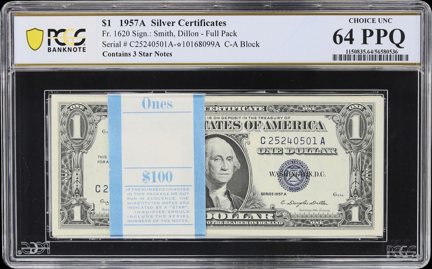 1957 A $1 Silver Certificate Original BEP Pack of 100 Sequential PCGS 64 PPQ UNC