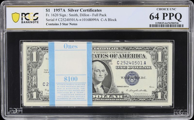 1957 A $1 Silver Certificate Original BEP Pack of 100 Sequential PCGS 64 PPQ UNC