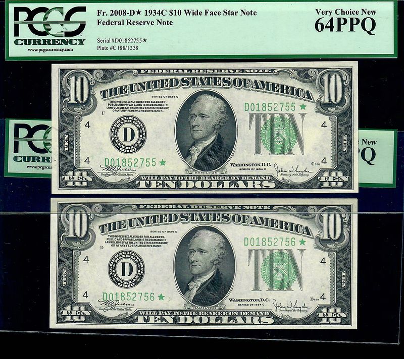 Per of 2 Consecutive 1934C $10 Federal Reserve Star Note. Cleveland. PCGS 64 PPQ