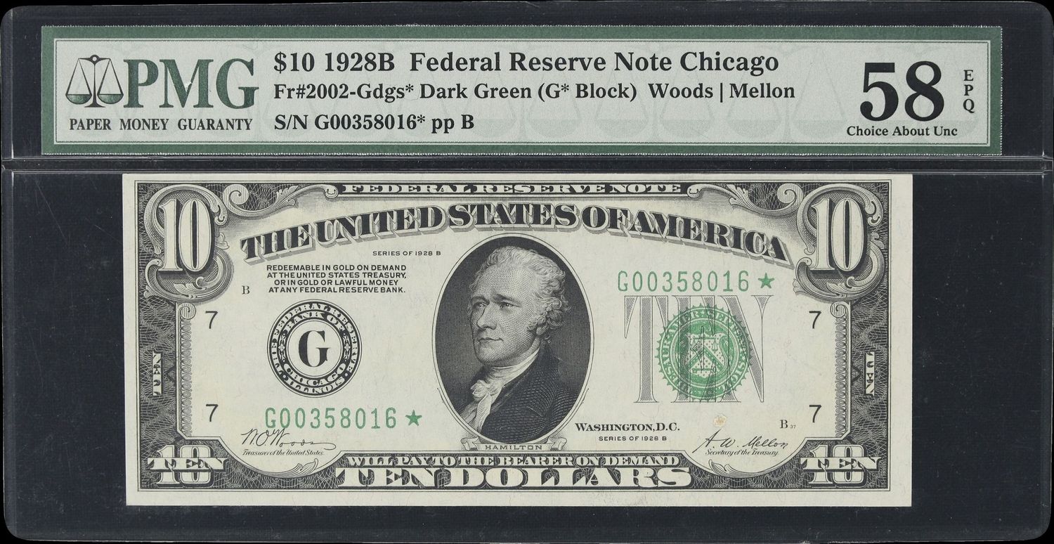 1928B $10 Federal Reserve Star Note Fr. 2002-G  Chicago PMG 58 AU