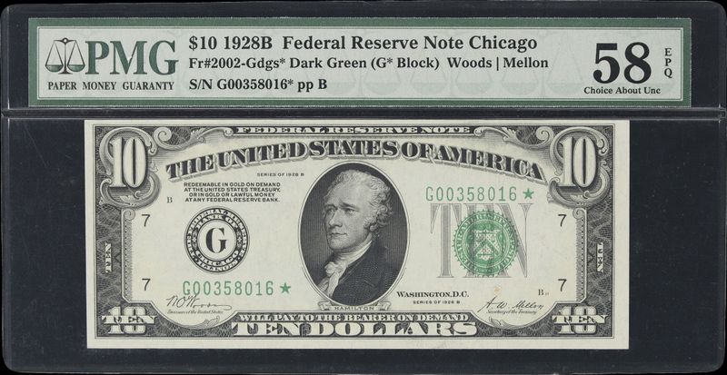 1928B $10 Federal Reserve Star Note Fr. 2002-G  Chicago PMG 58 AU