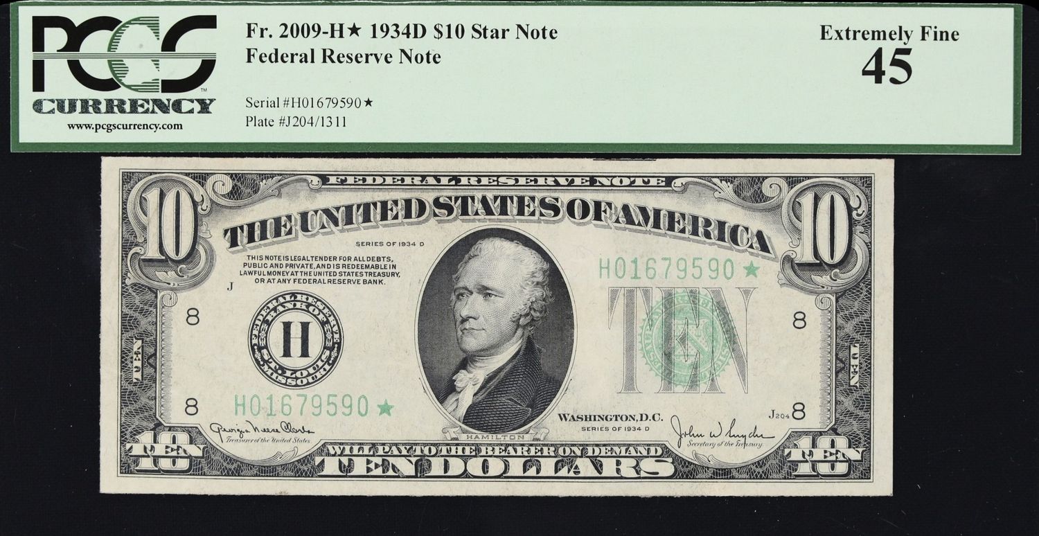 19234D $10 Federal Reserve Star Note Fr. 2009-H St. Luis PCGS 45 XF
