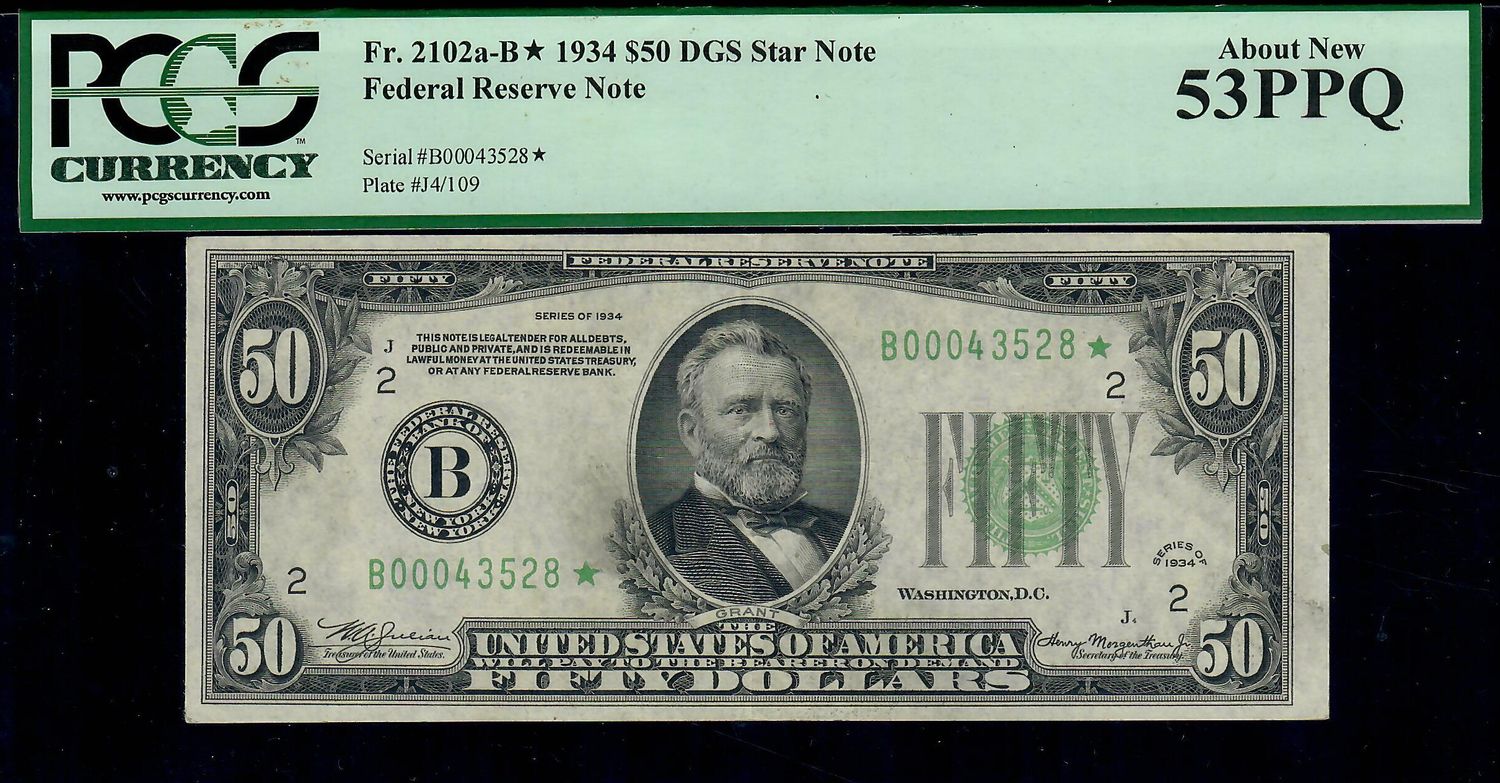 19234 $50 Federal Reserve Star Note Fr. 2102a-B New York PCGS 53 PPQ AU