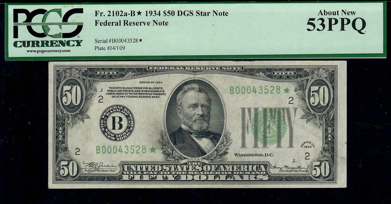 19234 $50 Federal Reserve Star Note Fr. 2102a-B New York PCGS 53 PPQ AU