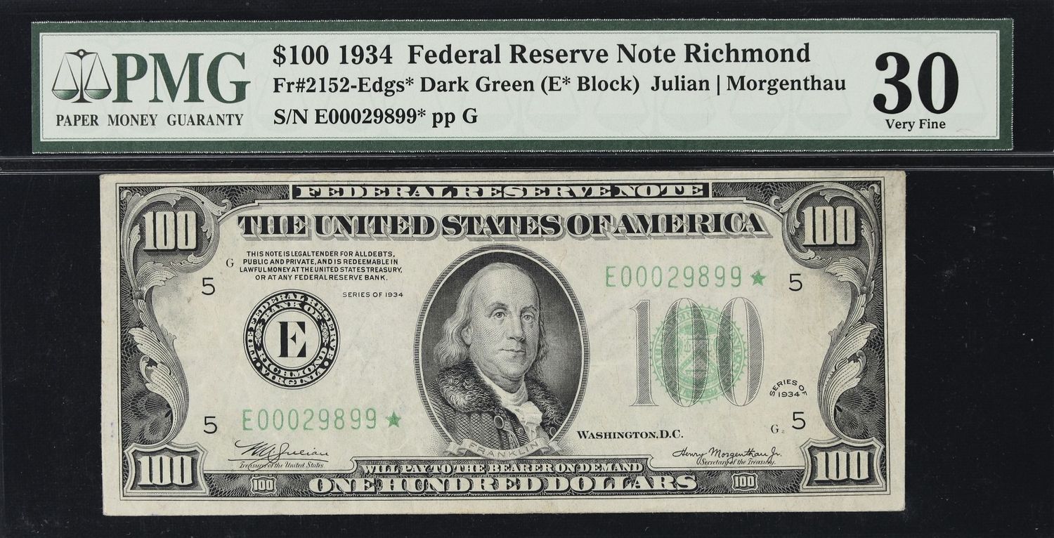 1934 $100 Federal Reserve Richmond Fr#2152- Edgs **Star Note**  PMG 30 VF