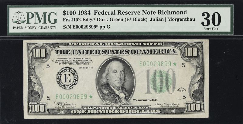 1934 $100 Federal Reserve Richmond Fr#2152- Edgs **Star Note**  PMG 30 VF