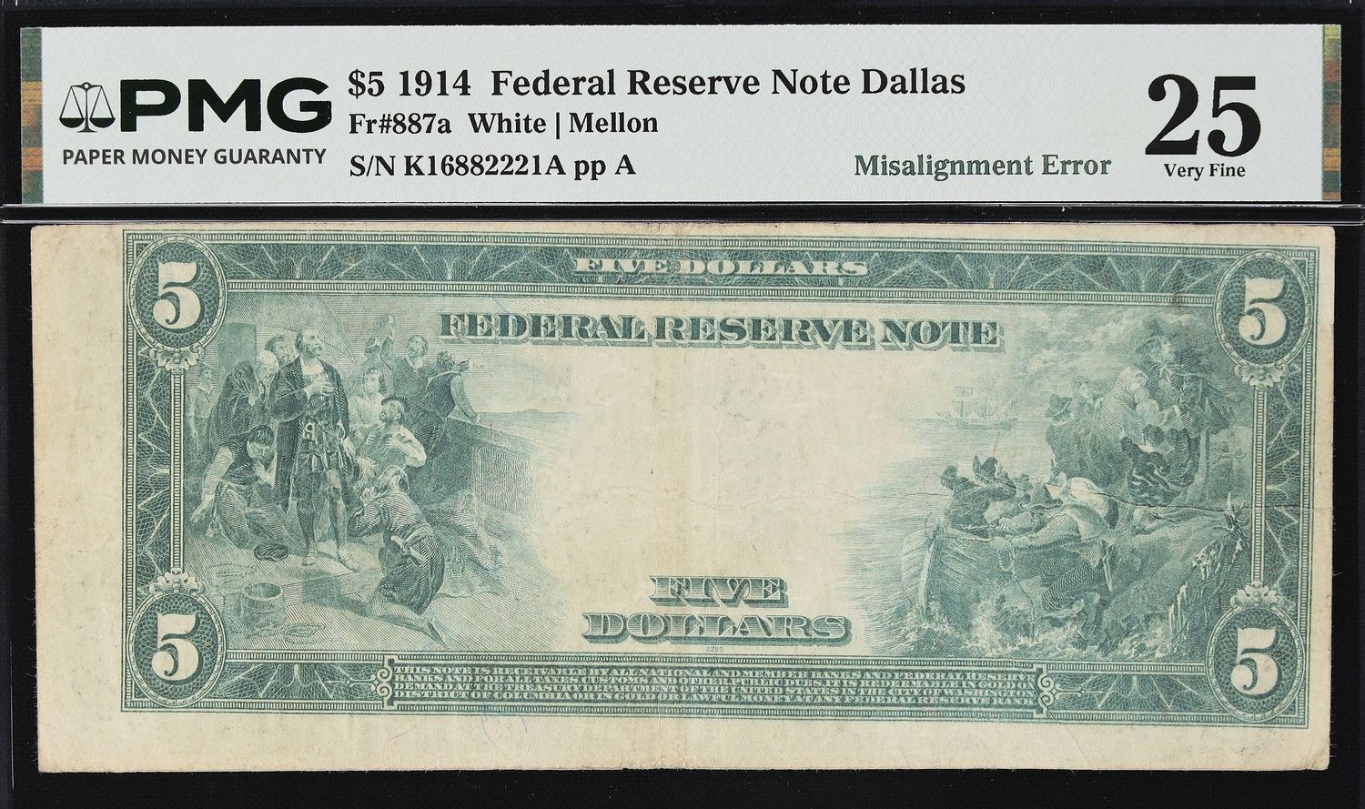 1914 $5 Federal Reserve Dallas **Misalignment Error** note PMG 25 VF