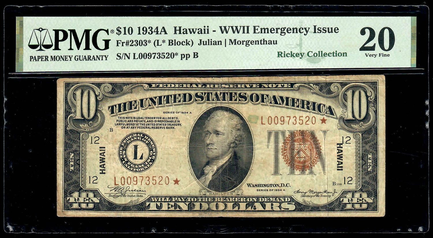 1934A $10 Hawaii **Star Note** WWII Emergency Issue FR-2303*  PMG 20 Very Fine