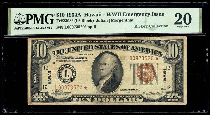 1934A $10 Hawaii **Star Note** WWII Emergency Issue FR-2303*  PMG 20 Very Fine