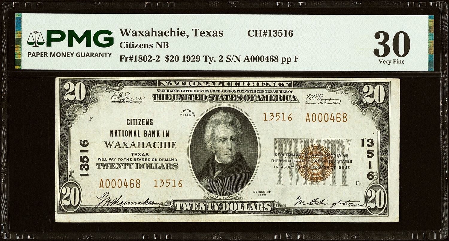 1929 $20 Citizens National Bank of Waxahachie ,Tx CH# 13516 PMG 30 Very Fine