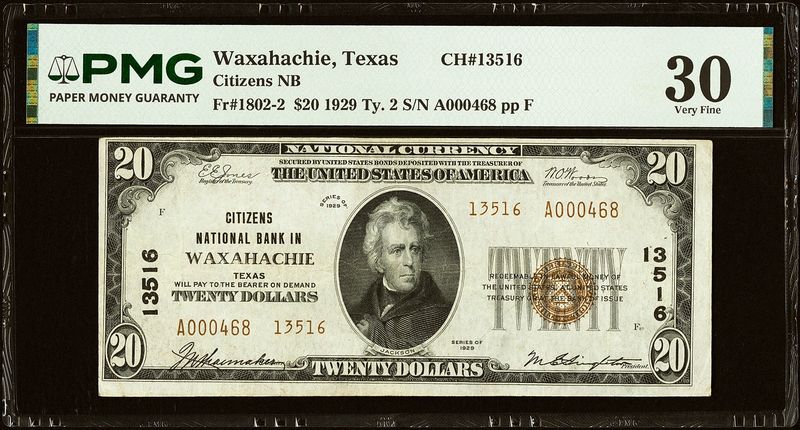 1929 $20 Citizens National Bank of Waxahachie ,Tx CH# 13516 PMG 30 Very Fine