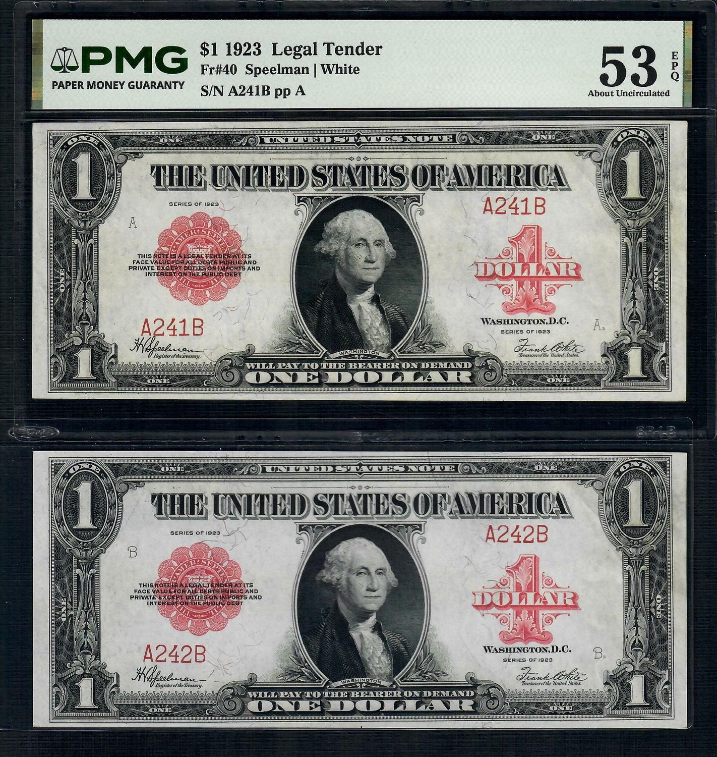 per of 1923 $1 Legal Tender Red Seal FR.40 Horse Blanket PMG 53 EPQ